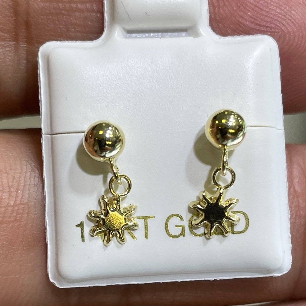 Solid Gold 14 Karat Yellow 4mm Ball Sun Dangling  Earring